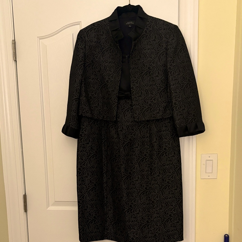 Tahari Black Brocade and Satin Sheath Dress with Jacket